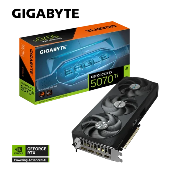 GeForce RTX 5070 Ti graphics card beside its orange-and-blue Gigabyte box with 'Eagle' branding.