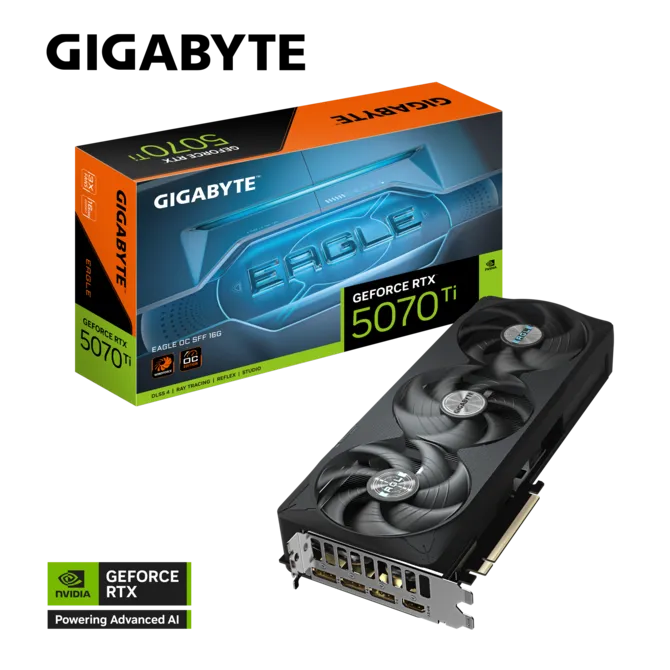 GeForce RTX 5070 Ti graphics card beside its orange-and-blue Gigabyte box with 'Eagle' branding.