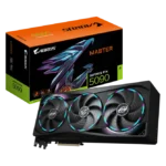 Triple‑fan graphics card with RGB ring lighting beside an orange and black AORUS Master GeForce RTX 5090 box. | Ahoundjuè Technologies Triple‑fan graphics card with RGB ring lighting beside an orange and black AORUS Master GeForce RTX 5090 box.