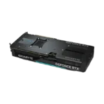 Gigabyte GeForce RTX graphics card with a black shroud and blue accent, shown from the side (PCIe card). | Ahoundjuè Technologies Gigabyte GeForce RTX graphics card with a black shroud and blue accent, shown from the side (PCIe card).