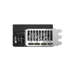 Rear view of a graphics card showing a metal I/O bracket with four video output ports (DisplayPort/HDMI) and a black cooling shroud behind it, used for high-performance graphics. | Ahoundjuè Technologies Rear view of a graphics card showing a metal I/O bracket with four video output ports (DisplayPort/HDMI) and a black cooling shroud behind it, used for high-performance graphics.