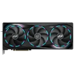 Triple-fan graphics card with RGB lighting around each fan on a black background. | Ahoundjuè Technologies Triple-fan graphics card with RGB lighting around each fan on a black background.