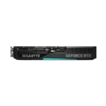 Gigabyte GeForce RTX graphics card shown from the side with black casing and teal accent lighting. | Ahoundjuè Technologies Gigabyte GeForce RTX graphics card shown from the side with black casing and teal accent lighting.