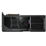 Aorus GeForce RTX graphics card viewed from the top, showing the black cooling shroud and PCIe connector area. | Ahoundjuè Technologies Aorus GeForce RTX graphics card viewed from the top, showing the black cooling shroud and PCIe connector area.