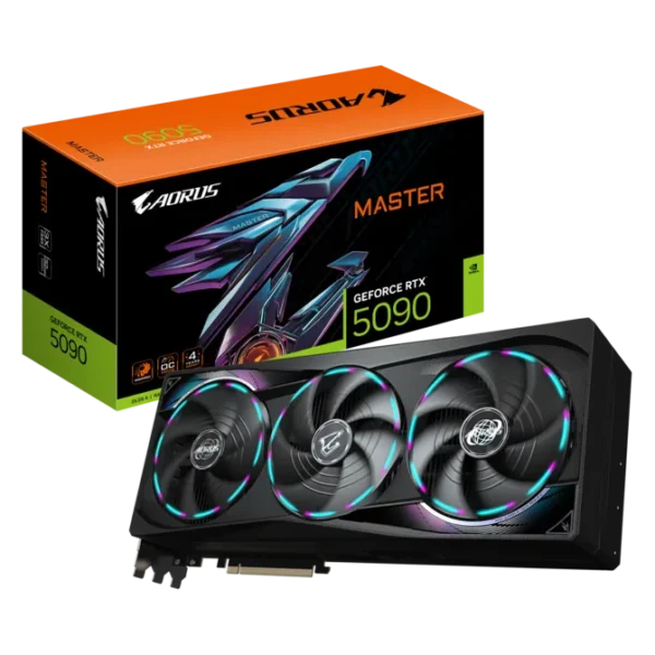 Triple‑fan graphics card with RGB ring lighting beside an orange and black AORUS Master GeForce RTX 5090 box.
