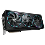 Triple‑fan graphics card with RGB lighting seen from the side angle, a high-end GPU for gaming/production workflows. | Ahoundjuè Technologies Triple‑fan graphics card with RGB lighting seen from the side angle, a high-end GPU for gaming/production workflows.