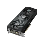 Triple-fan graphics card with a PCIe bracket and gold connector, shown from an angled perspective. | Ahoundjuè Technologies Triple-fan graphics card with a PCIe bracket and gold connector, shown from an angled perspective.