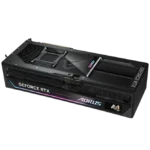 GeForce RTX graphics card by AORUS with RGB lighting and a large heatsink, shown from the top-right. | Ahoundjuè Technologies GeForce RTX graphics card by AORUS with RGB lighting and a large heatsink, shown from the top-right.