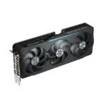 Triple-fan Gigabyte GeForce RTX graphics card, black with blue accents, shown from side angle. | Ahoundjuè Technologies Triple-fan Gigabyte GeForce RTX graphics card, black with blue accents, shown from side angle.