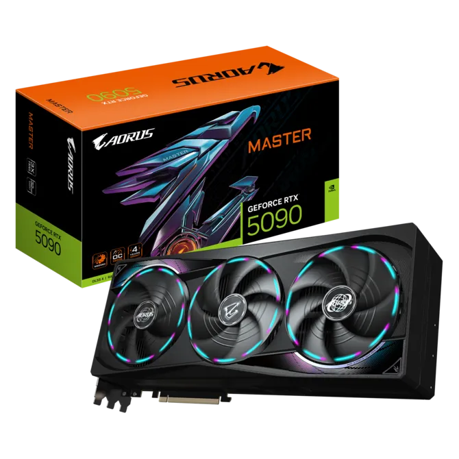 Triple‑fan graphics card with RGB ring lighting beside an orange and black AORUS Master GeForce RTX 5090 box.
