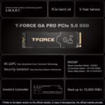 Collage advertising the T-Force GA Pro PCIe 5.0 NVMe SSD with listed specs and features around it.