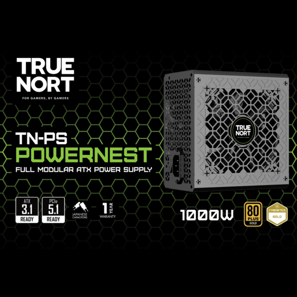 True North TN-PS PowerNest 1000W modular ATX power supply box with green lattice background and honeycomb pattern.