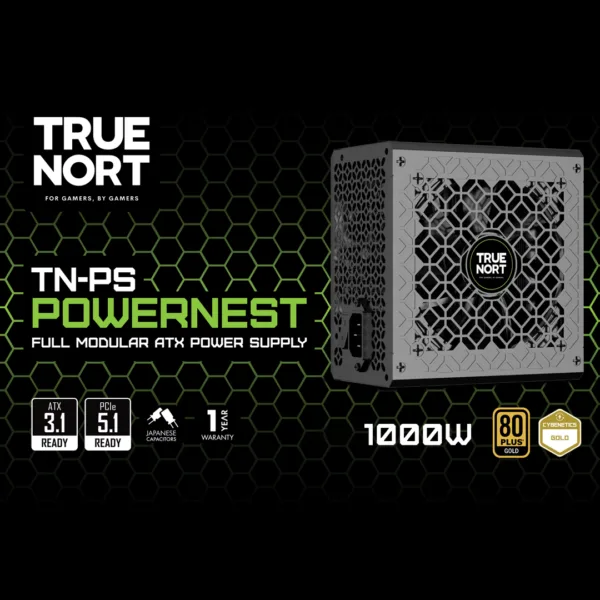 True North TN-PS PowerNest 1000W modular ATX power supply box with green lattice background and honeycomb pattern.