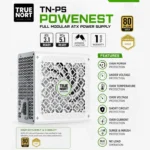 Product image of TRUE NORTH TN-PS PowerNEST modular ATX power supply with honeycomb vent and feature icons on the side. | Ahoundjuè Technologies Product image of TRUE NORTH TN-PS PowerNEST modular ATX power supply with honeycomb vent and feature icons on the side.