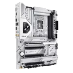 White ASUS gaming motherboard shown at an angled perspective, featuring CPU socket, multiple PCIe slots and RAM slots. | Ahoundjuè Technologies White ASUS gaming motherboard shown at an angled perspective, featuring CPU socket, multiple PCIe slots and RAM slots.