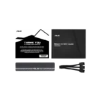 ASUS GPU accessory kit showing a white 'Thank You' card, a black 'Quick Start Guide' booklet, a metal ASUS badge, and two PCIe power cables.