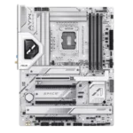 White and silver ATX motherboard with four RAM slots, multiple PCIe slots, and cooling heatsinks for a gaming PC. | Ahoundjuè Technologies White and silver ATX motherboard with four RAM slots, multiple PCIe slots, and cooling heatsinks for a gaming PC.