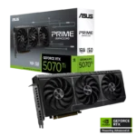 ASUS Prime GeForce RTX 5070 Ti graphics card with three fans shown next to its box and NVIDIA RTX branding on a black background.