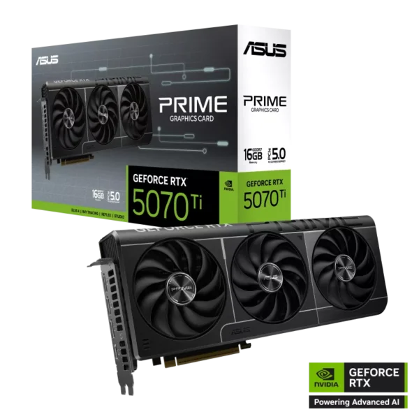 ASUS Prime GeForce RTX 5070 Ti graphics card with three fans shown next to its box and NVIDIA RTX branding on a black background.