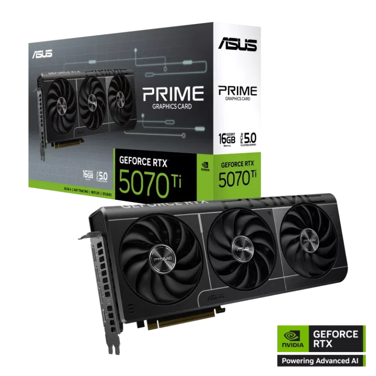 ASUS Prime GeForce RTX 5070 Ti graphics card with three fans shown next to its box and NVIDIA RTX branding on a black background.