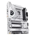 White gaming motherboard with multiple PCIe slots, RAM slots, and I/O panel on a black background. | Ahoundjuè Technologies White gaming motherboard with multiple PCIe slots, RAM slots, and I/O panel on a black background.