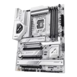 White ASUS motherboard with CPU socket, RAM slots, multiple PCIe slots, and large heatsink block on the left. | Ahoundjuè Technologies White ASUS motherboard with CPU socket, RAM slots, multiple PCIe slots, and large heatsink block on the left.