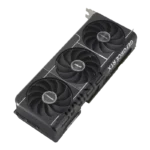 Asus GeForce RTX graphics card with three cooling fans and a dark gray shroud, shown at an angle with PCIe connector visible.