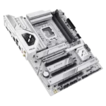 White ATX computer motherboard with PCIe and RAM slots, I/O panel on the edge, shown at an angled view against a black background. | Ahoundjuè Technologies White ATX computer motherboard with PCIe and RAM slots, I/O panel on the edge, shown at an angled view against a black background.