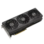ASUS triple-fan graphics card shown from an angled top view, PCIe connector visible on the bottom edge