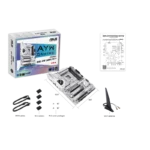 ASUS gaming motherboard bundle: boxed box, motherboard, wireless antennas, mounting hardware, cables, and manual on a black background | Ahoundjuè Technologies ASUS gaming motherboard bundle: boxed box, motherboard, wireless antennas, mounting hardware, cables, and manual on a black background