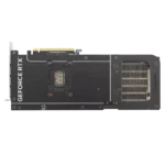 High-end graphics card (GeForce RTX) with backplate, PCIe connector at top, and large cooling heatsink on right side.