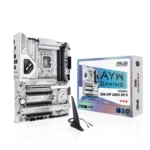 ASUS Z690 AYW Gaming WiFi motherboard in a white finish beside its product box on a black background.