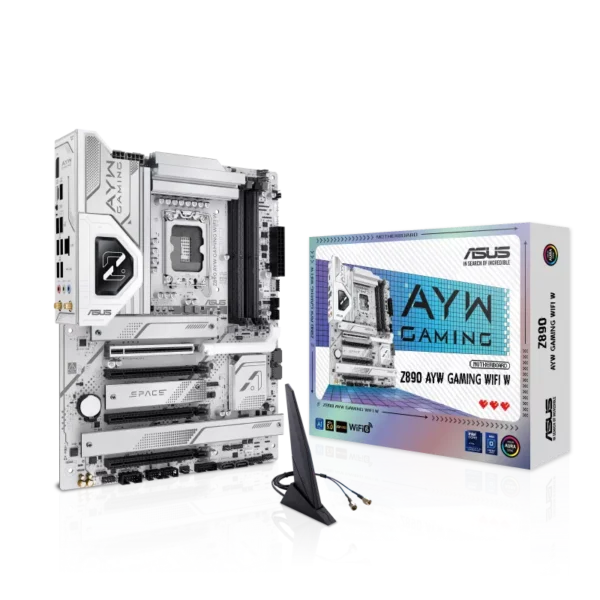 ASUS Z690 AYW Gaming WiFi motherboard in a white finish beside its product box on a black background.