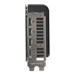 Rear panel of a graphics card showing three DisplayPort outputs and one HDMI output on a metal bracket, with a black GPU housing behind it.