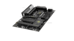 Gaming motherboard with dual PCIe slots, RAM slots, CPU socket, and large heatsinks visible from a tilted angle.