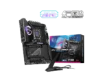 Gaming motherboard setup featuring a high-end black Z890 Carbon WiFi motherboard with boxed packaging and a monitor stand in front, emphasizing performance and connectivity logos (AIPC, Ultra Connect).