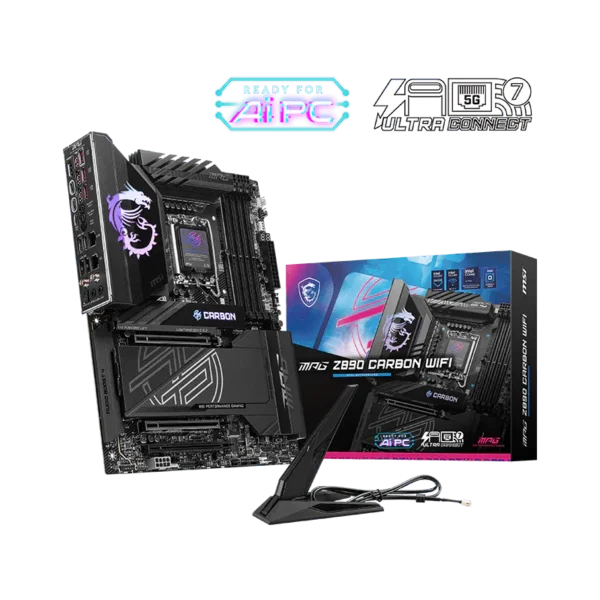 Gaming motherboard setup featuring a high-end black Z890 Carbon WiFi motherboard with boxed packaging and a monitor stand in front, emphasizing performance and connectivity logos (AIPC, Ultra Connect).