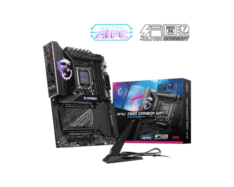 Gaming motherboard setup featuring a high-end black Z890 Carbon WiFi motherboard with boxed packaging and a monitor stand in front, emphasizing performance and connectivity logos (AIPC, Ultra Connect).