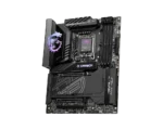 MSI MEG/MPG gaming motherboard with black design, RGB dragon logo, PCIe slots, and cooling heatsinks labeled 'Carbon' and 'MSI'
