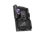 High-end PC motherboard with MSI Dragon logo and carbon branding, angled view showing CPU socket, RAM slots, and PCIe slots