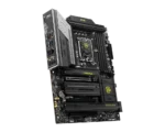 Angle view of a black MSI MAG Tomahawk motherboard with CPU socket, RAM slots, and PCIe slots visible; yellow accents on heatsinks and branding.