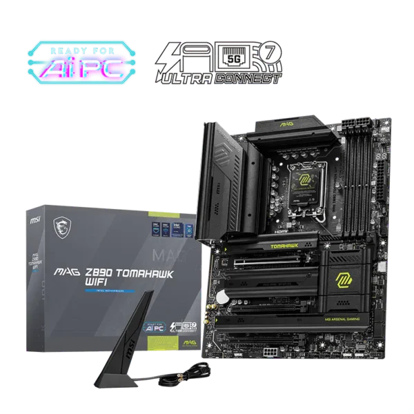 A high-end motherboard with a boxed Z390 Tomahawk WiFi and accompanying components, ready for a custom PC build.