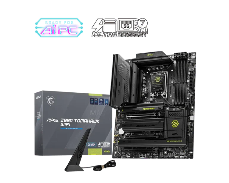 A high-end motherboard with a boxed Z390 Tomahawk WiFi and accompanying components, ready for a custom PC build.
