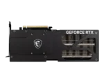 GeForce RTX graphics card with black backplate, exposed cooling fins, and MSI Dragon Shield logo visible from the side view