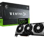 MSI Ventus 3x GeForce RTX 5070 Ti graphics card beside its black-green package box