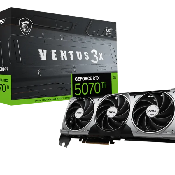 MSI Ventus 3x GeForce RTX 5070 Ti graphics card beside its black-green package box