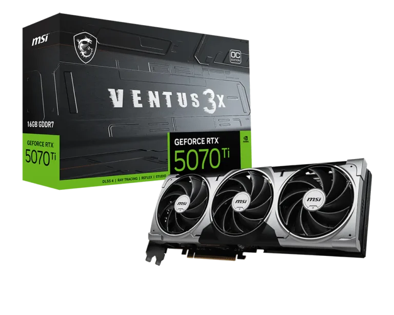 MSI Ventus 3x GeForce RTX 5070 Ti graphics card beside its black-green package box