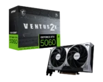 Product image showing an MSI GeForce RTX 5060 graphics card next to its Ventus 2X box with green and black design.
