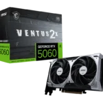 Product image showing an MSI GeForce RTX 5060 graphics card next to its Ventus 2X box with green and black design.