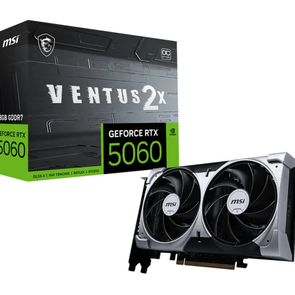 Product image showing an MSI GeForce RTX 5060 graphics card next to its Ventus 2X box with green and black design.